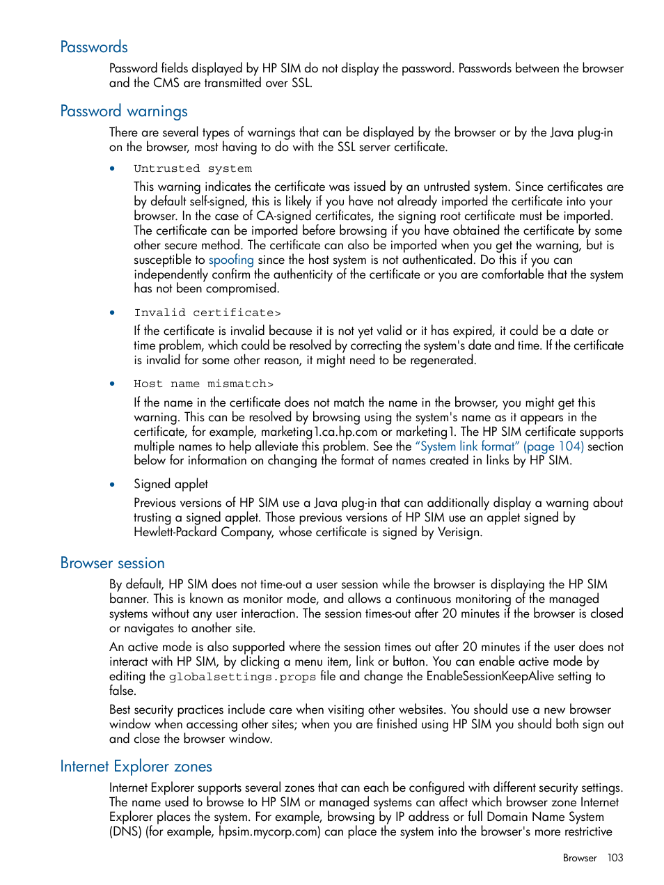 Passwords, Password warnings, Browser session | Internet explorer zones | HP Systems Insight Manager User Manual | Page 103 / 234