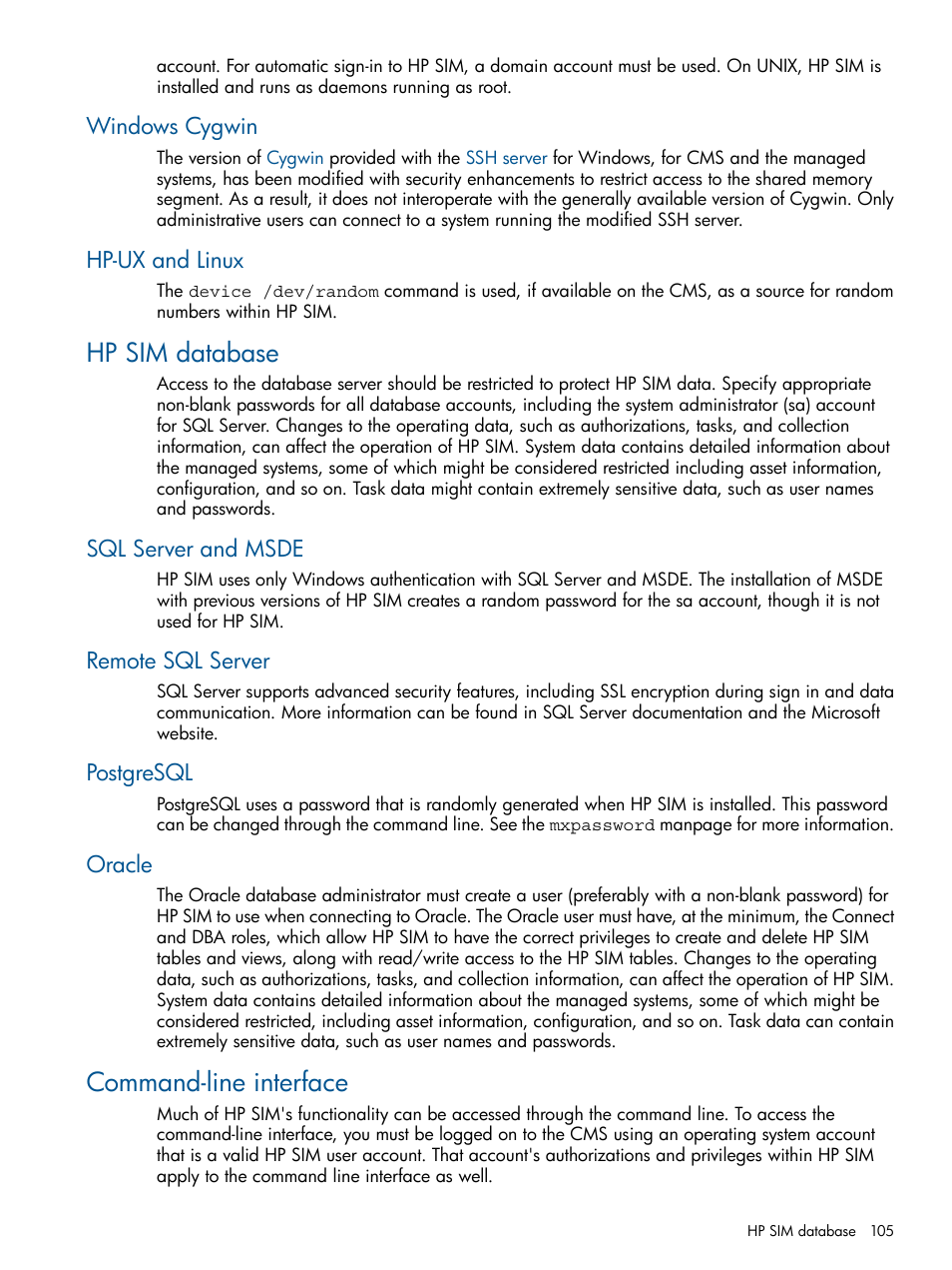 Windows cygwin, Hp-ux and linux, Hp sim database | Sql server and msde, Remote sql server, Postgresql, Oracle, Command-line interface, Windows cygwin hp-ux and linux | HP Systems Insight Manager User Manual | Page 105 / 234