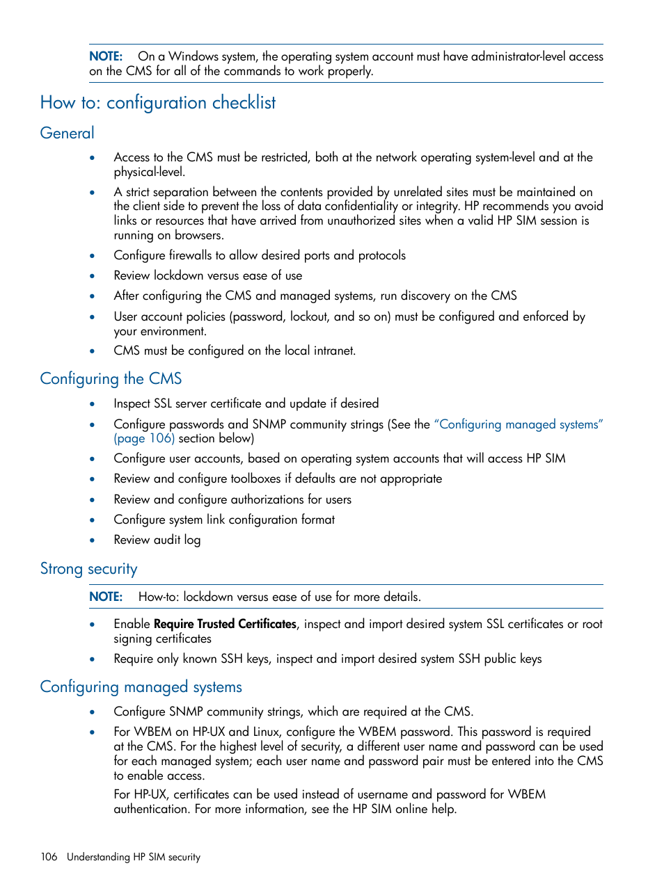 How to: configuration checklist, General, Configuring the cms | Strong security, Configuring managed systems, General configuring the cms, Strong security configuring managed systems | HP Systems Insight Manager User Manual | Page 106 / 234