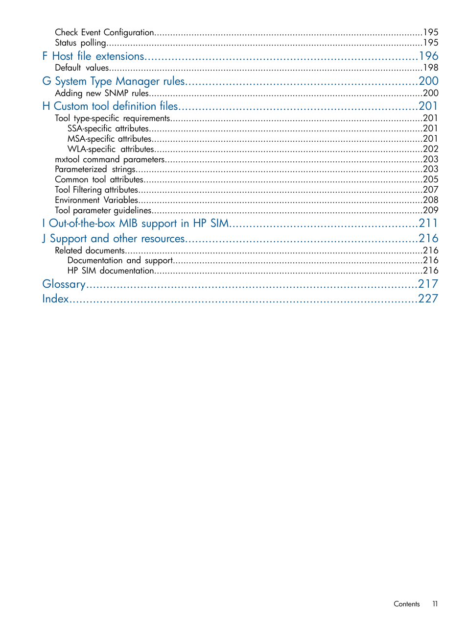 F host file extensions, G system type manager rules, H custom tool definition files | Glossary index | HP Systems Insight Manager User Manual | Page 11 / 234