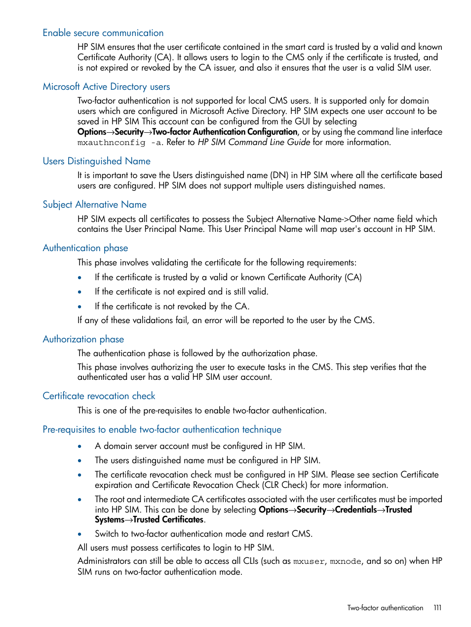 Enable secure communication, Microsoft active directory users, Users distinguished name | Subject alternative name, Authentication phase, Authorization phase, Certificate revocation check | HP Systems Insight Manager User Manual | Page 111 / 234