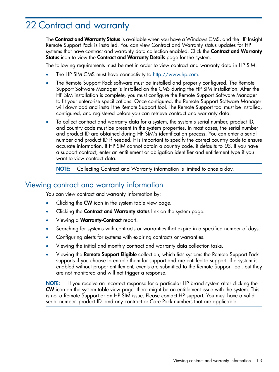22 contract and warranty, Viewing contract and warranty information | HP Systems Insight Manager User Manual | Page 113 / 234