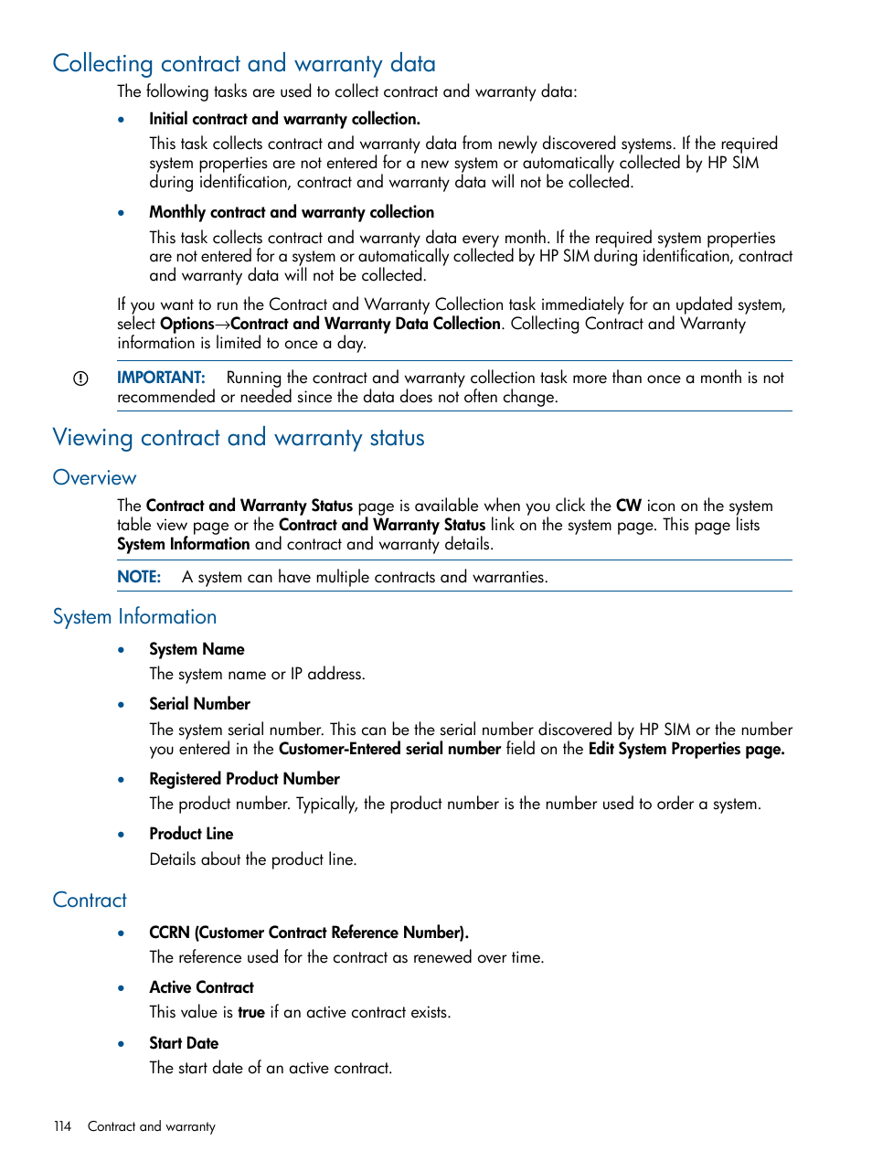 Collecting contract and warranty data, Viewing contract and warranty status, Overview | System information, Contract, Overview system information contract | HP Systems Insight Manager User Manual | Page 114 / 234