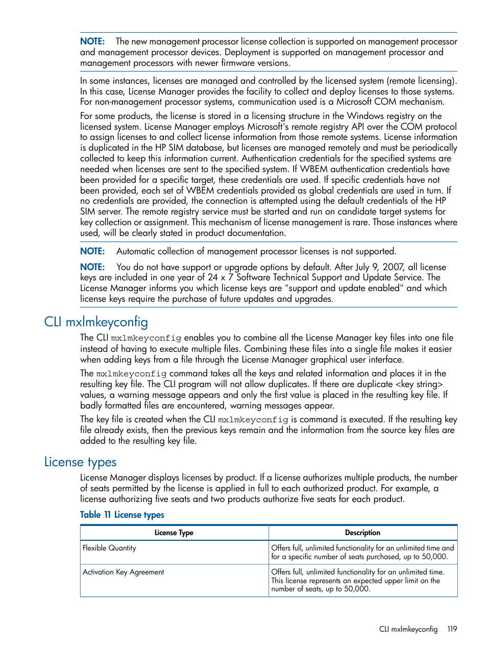 Cli mxlmkeyconfig, License types, Cli mxlmkeyconfig license types | HP Systems Insight Manager User Manual | Page 119 / 234