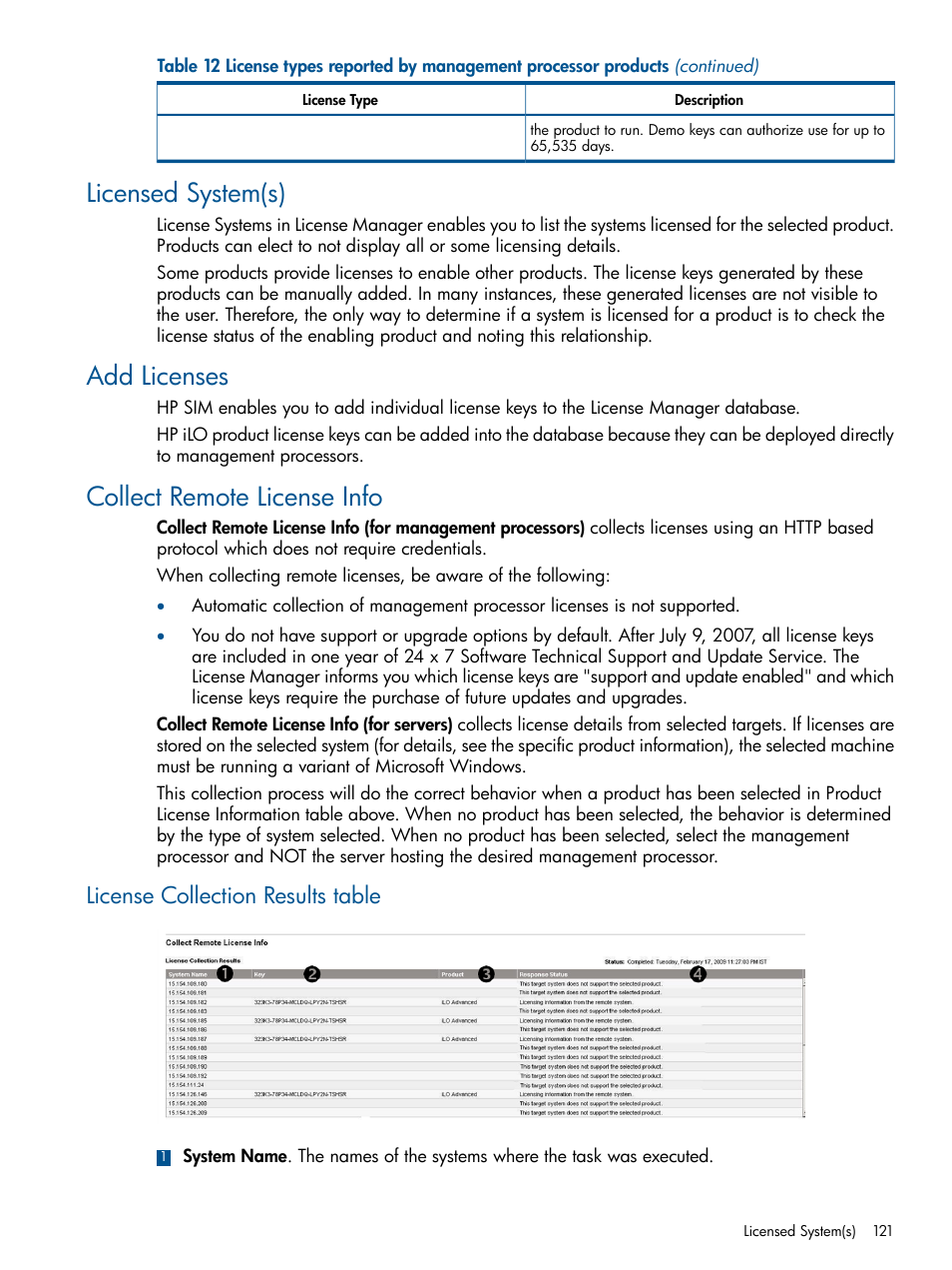 Licensed system(s), Add licenses, Collect remote license info | License collection results table | HP Systems Insight Manager User Manual | Page 121 / 234