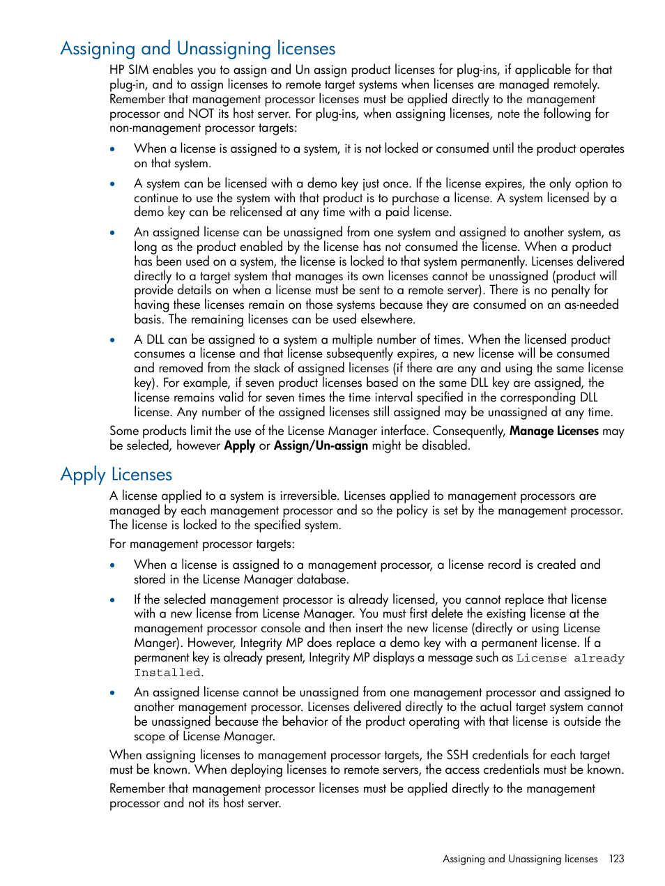 Assigning and unassigning licenses, Apply licenses, Assigning and unassigning licenses apply licenses | HP Systems Insight Manager User Manual | Page 123 / 234