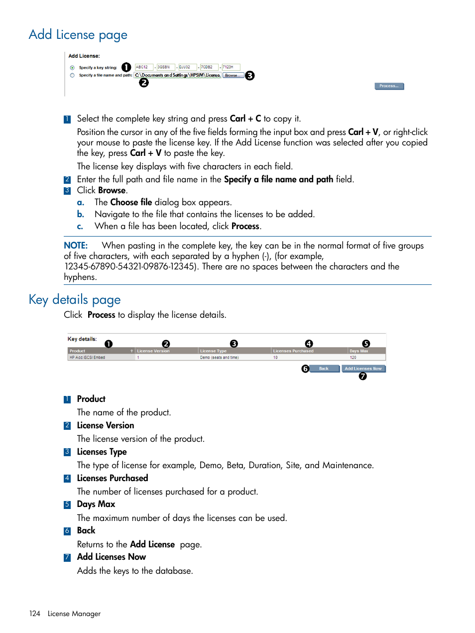 Add license page, Key details page | HP Systems Insight Manager User Manual | Page 124 / 234