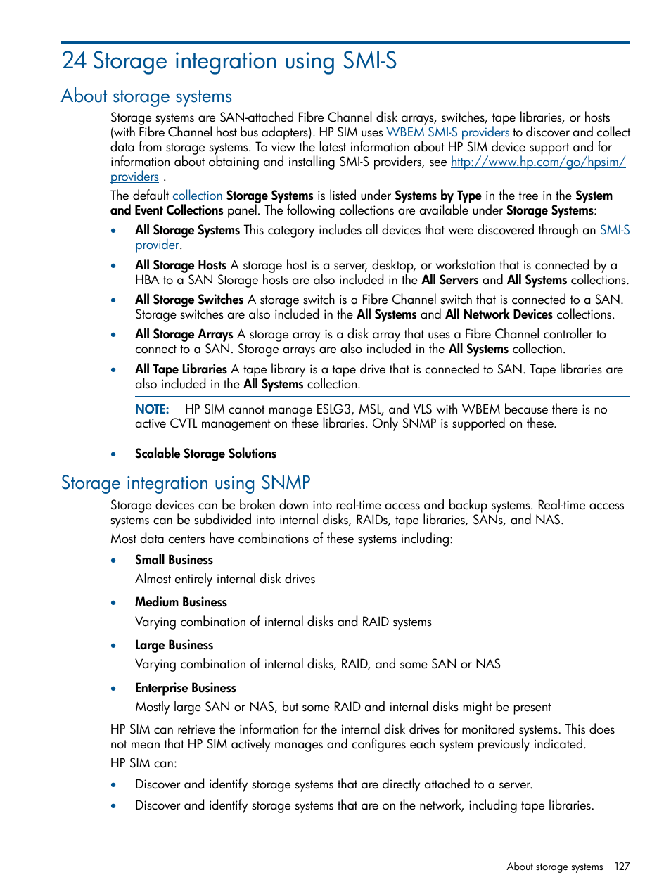 24 storage integration using smi-s, About storage systems, Storage integration using snmp | HP Systems Insight Manager User Manual | Page 127 / 234