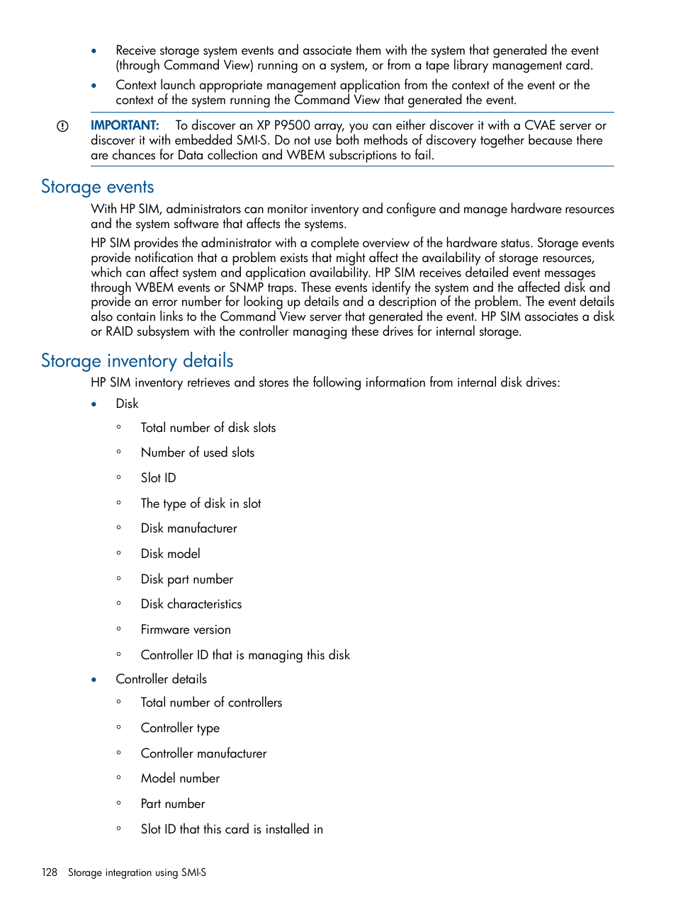 Storage events, Storage inventory details, Storage events storage inventory details | HP Systems Insight Manager User Manual | Page 128 / 234