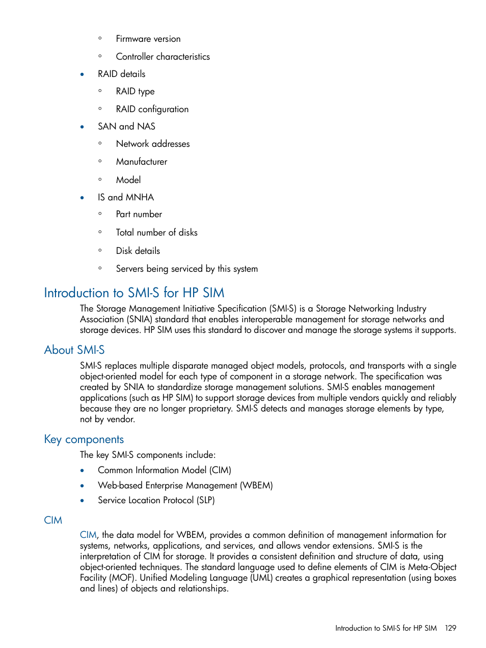 Introduction to smi-s for hp sim, About smi-s, Key components | About smi-s key components | HP Systems Insight Manager User Manual | Page 129 / 234