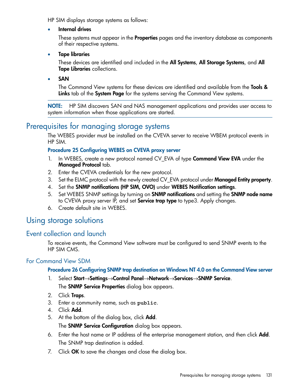 Prerequisites for managing storage systems, Using storage solutions, Event collection and launch | For command view sdm | HP Systems Insight Manager User Manual | Page 131 / 234