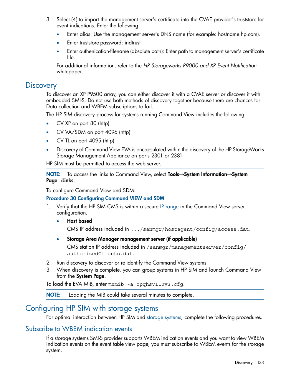 Discovery, Configuring hp sim with storage systems, Subscribe to wbem indication events | Discovery configuring hp sim with storage systems | HP Systems Insight Manager User Manual | Page 133 / 234