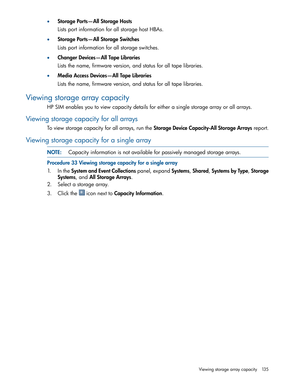 Viewing storage array capacity, Viewing storage capacity for all arrays, Viewing storage capacity for a single array | HP Systems Insight Manager User Manual | Page 135 / 234
