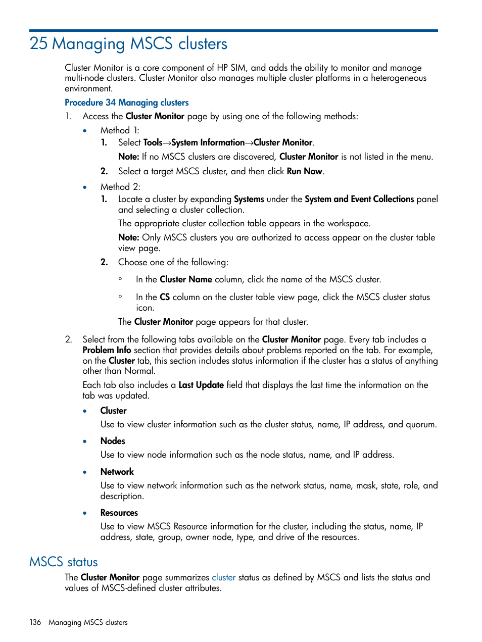 25 managing mscs clusters, Mscs status | HP Systems Insight Manager User Manual | Page 136 / 234