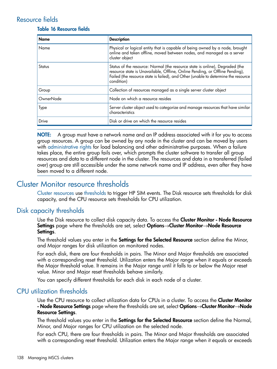 Resource fields, Cluster monitor resource thresholds, Disk capacity thresholds | Cpu utilization thresholds | HP Systems Insight Manager User Manual | Page 138 / 234