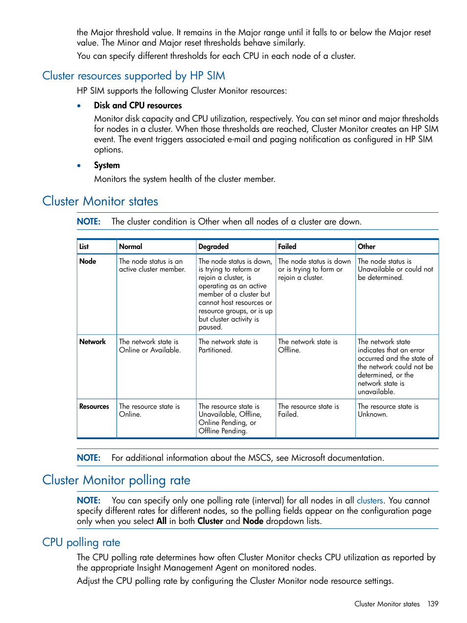 Cluster resources supported by hp sim, Cluster monitor states, Cluster monitor polling rate | Cpu polling rate | HP Systems Insight Manager User Manual | Page 139 / 234