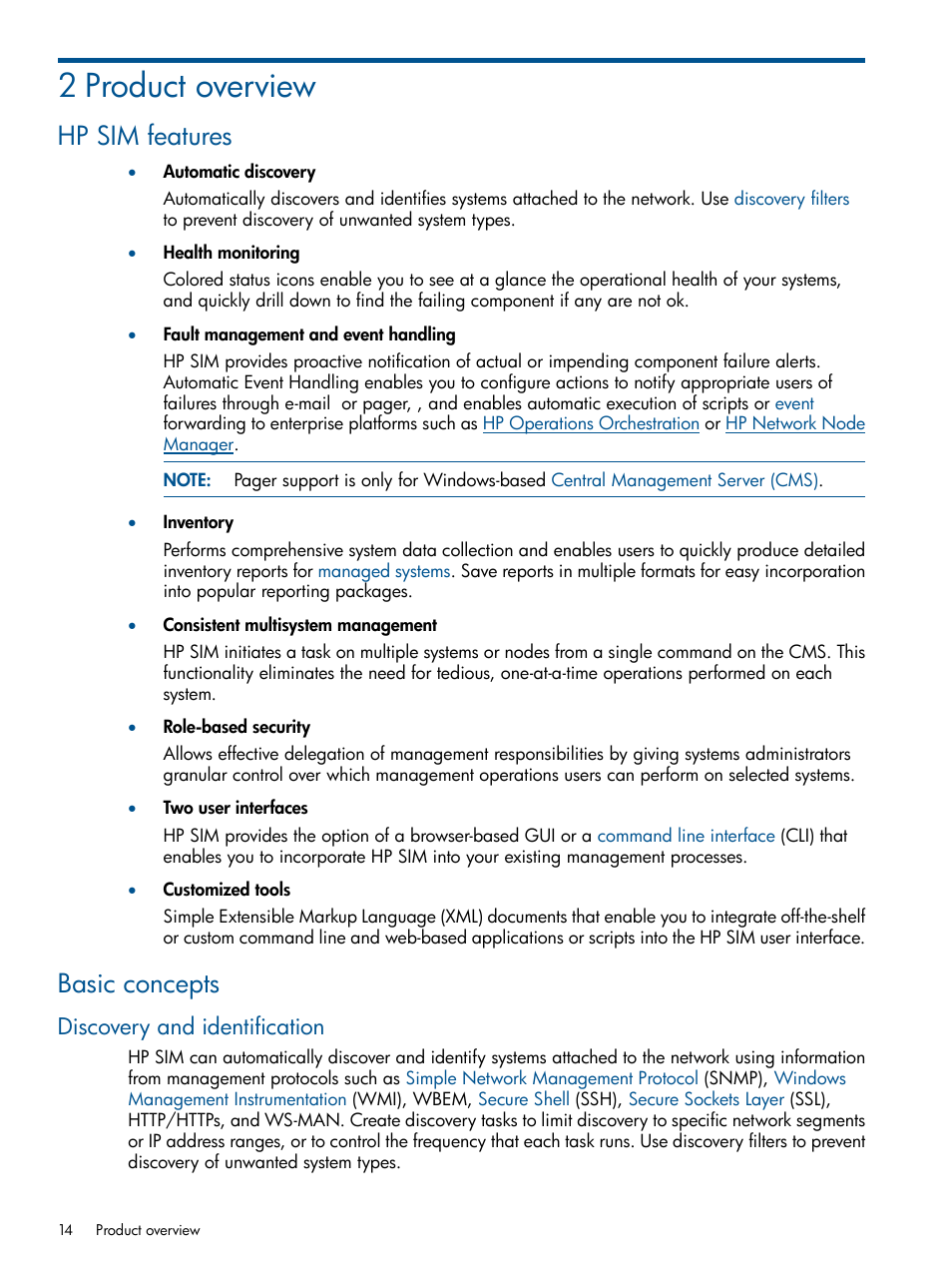 2 product overview, Hp sim features, Basic concepts | Discovery and identification, Hp sim features basic concepts | HP Systems Insight Manager User Manual | Page 14 / 234