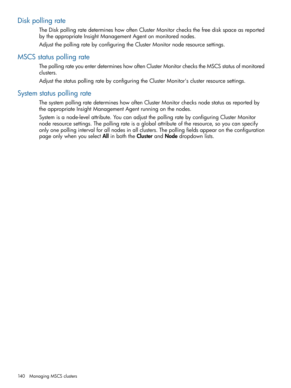 Disk polling rate, Mscs status polling rate, System status polling rate | HP Systems Insight Manager User Manual | Page 140 / 234