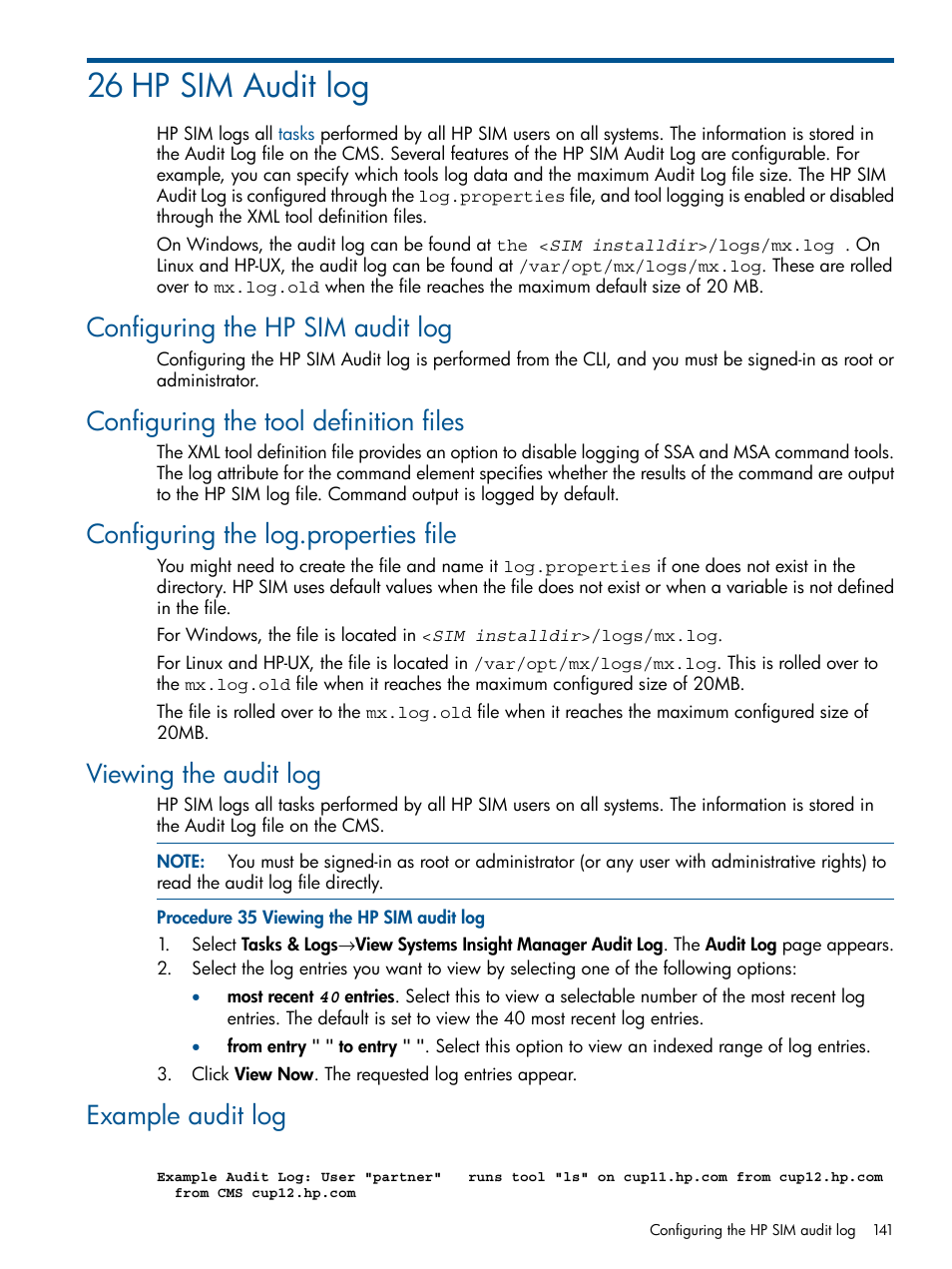 26 hp sim audit log, Configuring the hp sim audit log, Configuring the tool definition files | Configuring the log.properties file, Viewing the audit log, Example audit log | HP Systems Insight Manager User Manual | Page 141 / 234