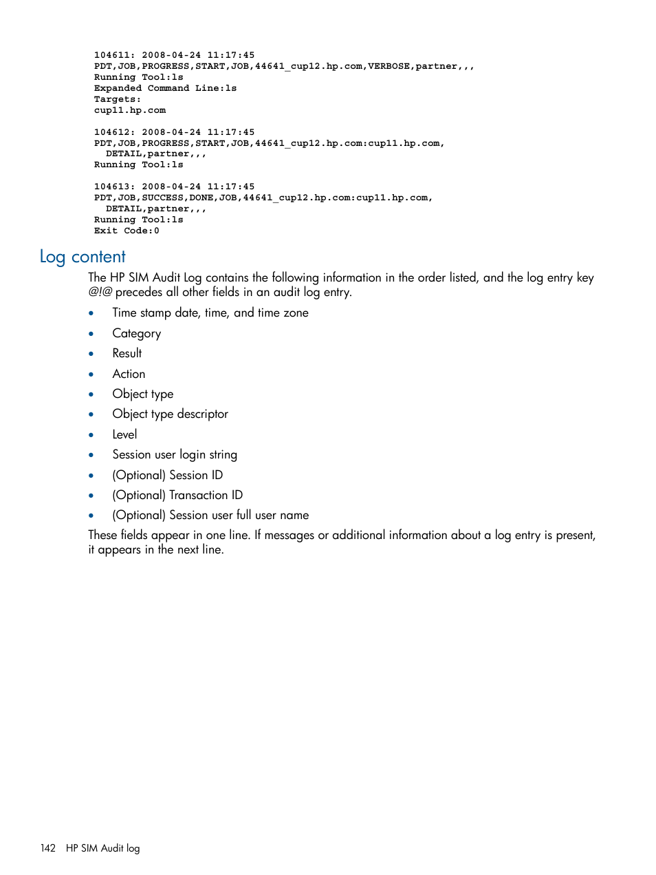 Log content | HP Systems Insight Manager User Manual | Page 142 / 234