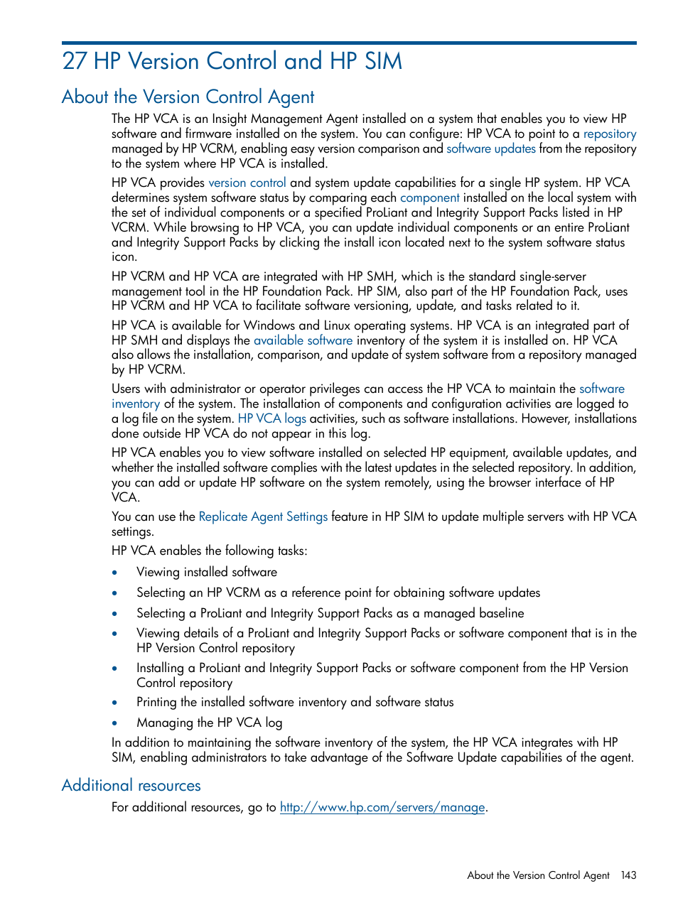 27 hp version control and hp sim, About the version control agent, Additional resources | HP Systems Insight Manager User Manual | Page 143 / 234