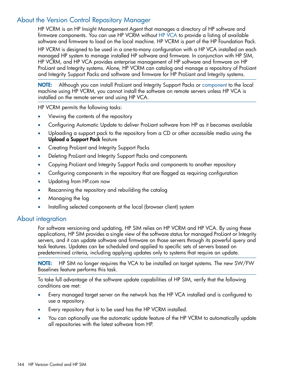 About the version control repository manager, About integration | HP Systems Insight Manager User Manual | Page 144 / 234