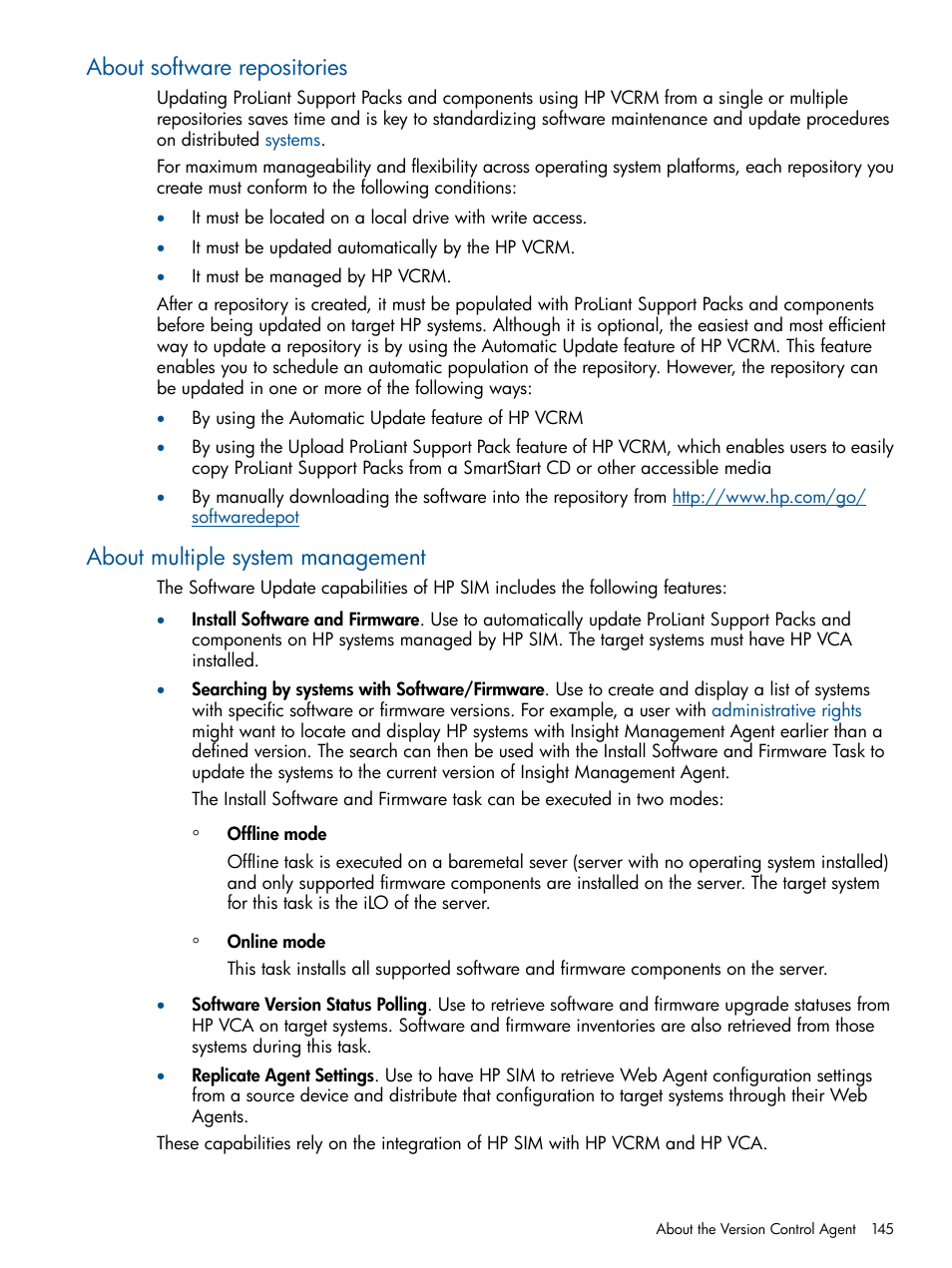 About software repositories, About multiple system management | HP Systems Insight Manager User Manual | Page 145 / 234