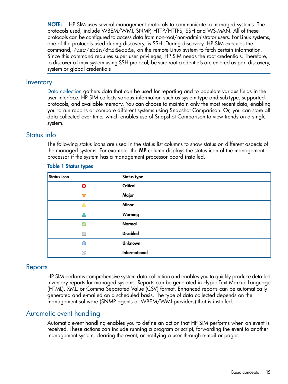 Inventory, Status info, Reports | Automatic event handling | HP Systems Insight Manager User Manual | Page 15 / 234