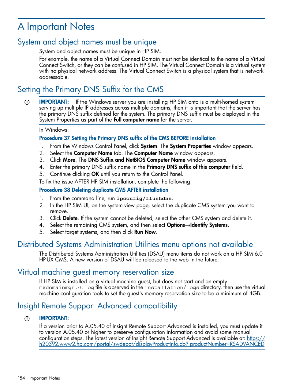 A important notes, System and object names must be unique, Setting the primary dns suffix for the cms | Virtual machine guest memory reservation size, Insight remote support advanced compatibility | HP Systems Insight Manager User Manual | Page 154 / 234