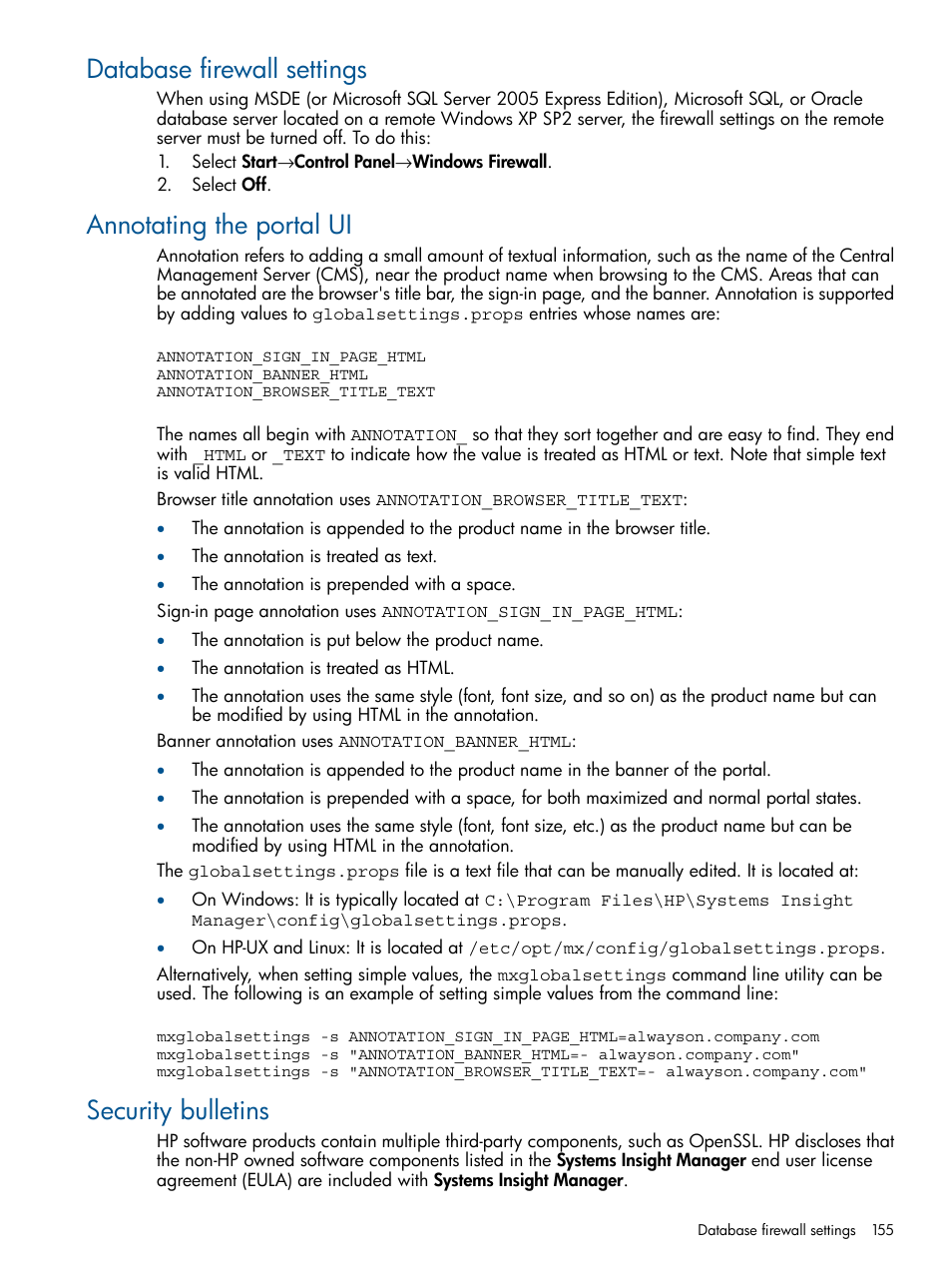 Database firewall settings, Annotating the portal ui, Security bulletins | HP Systems Insight Manager User Manual | Page 155 / 234
