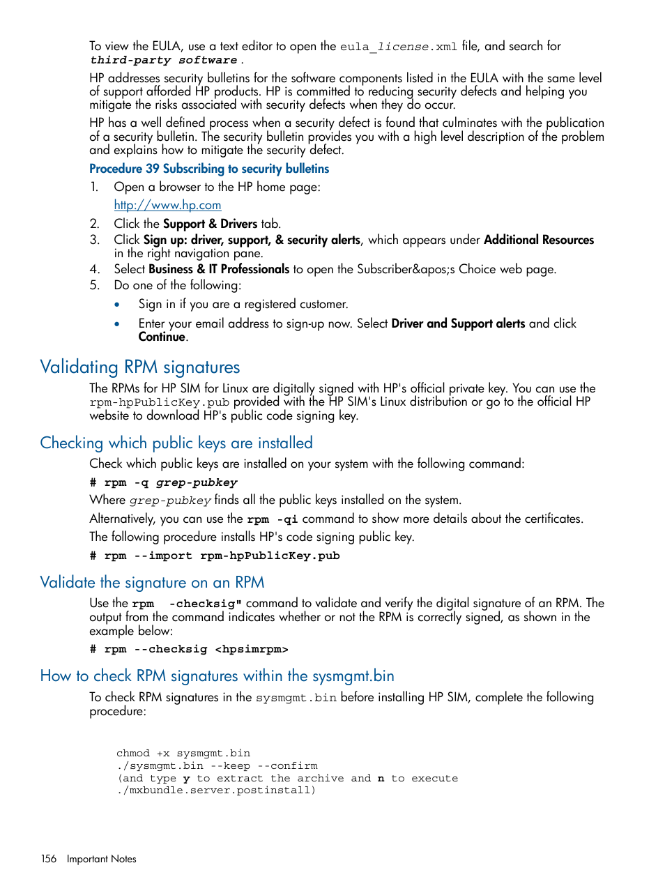 Validating rpm signatures, Checking which public keys are installed, Validate the signature on an rpm | How to check rpm signatures within the sysmgmt.bin | HP Systems Insight Manager User Manual | Page 156 / 234