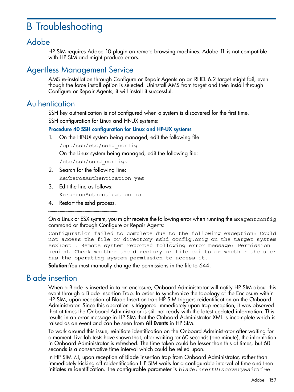 B troubleshooting, Adobe, Agentless management service | Authentication, Blade insertion | HP Systems Insight Manager User Manual | Page 159 / 234