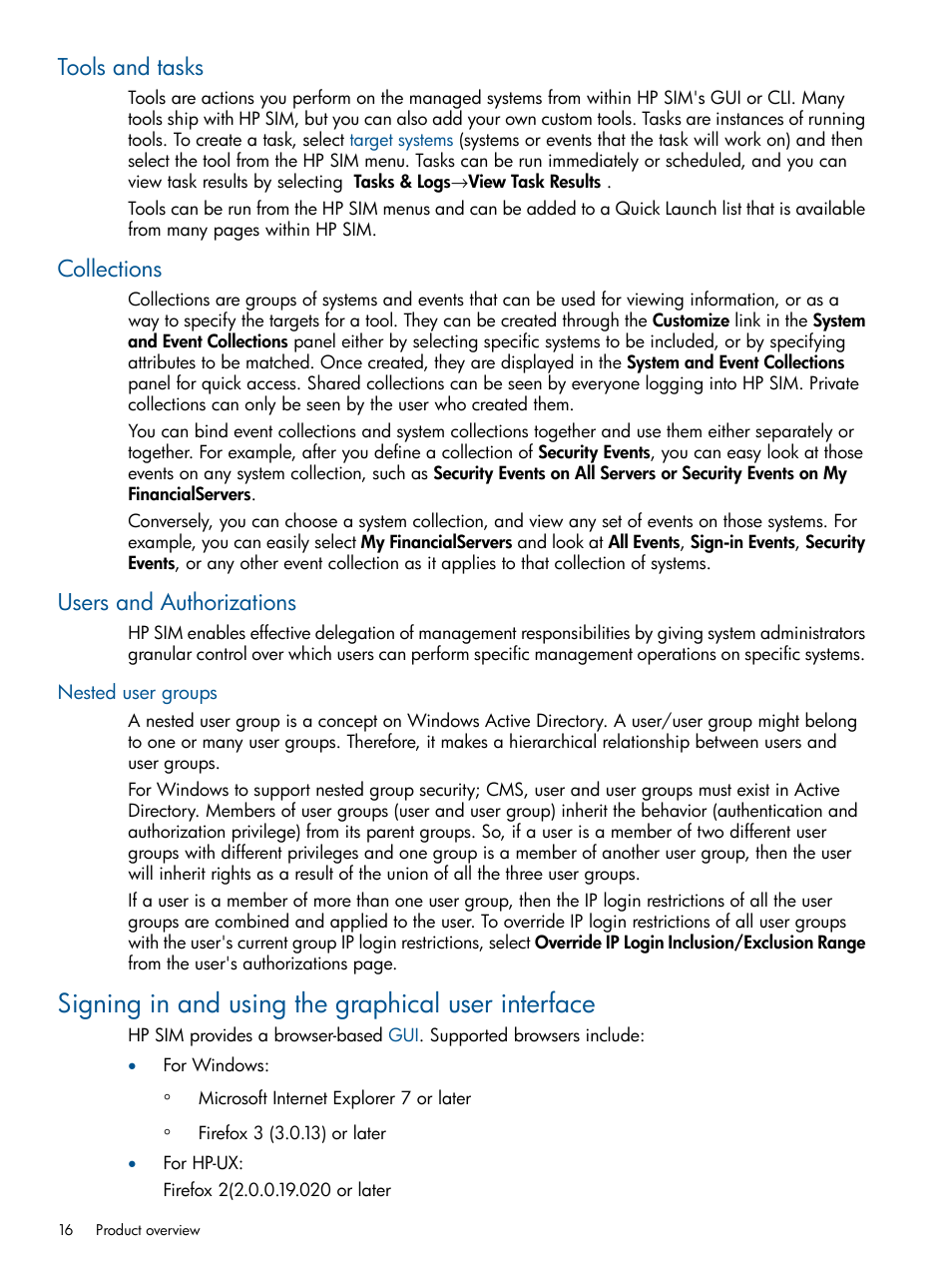 Tools and tasks, Collections, Users and authorizations | Nested user groups, Signing in and using the graphical user interface | HP Systems Insight Manager User Manual | Page 16 / 234