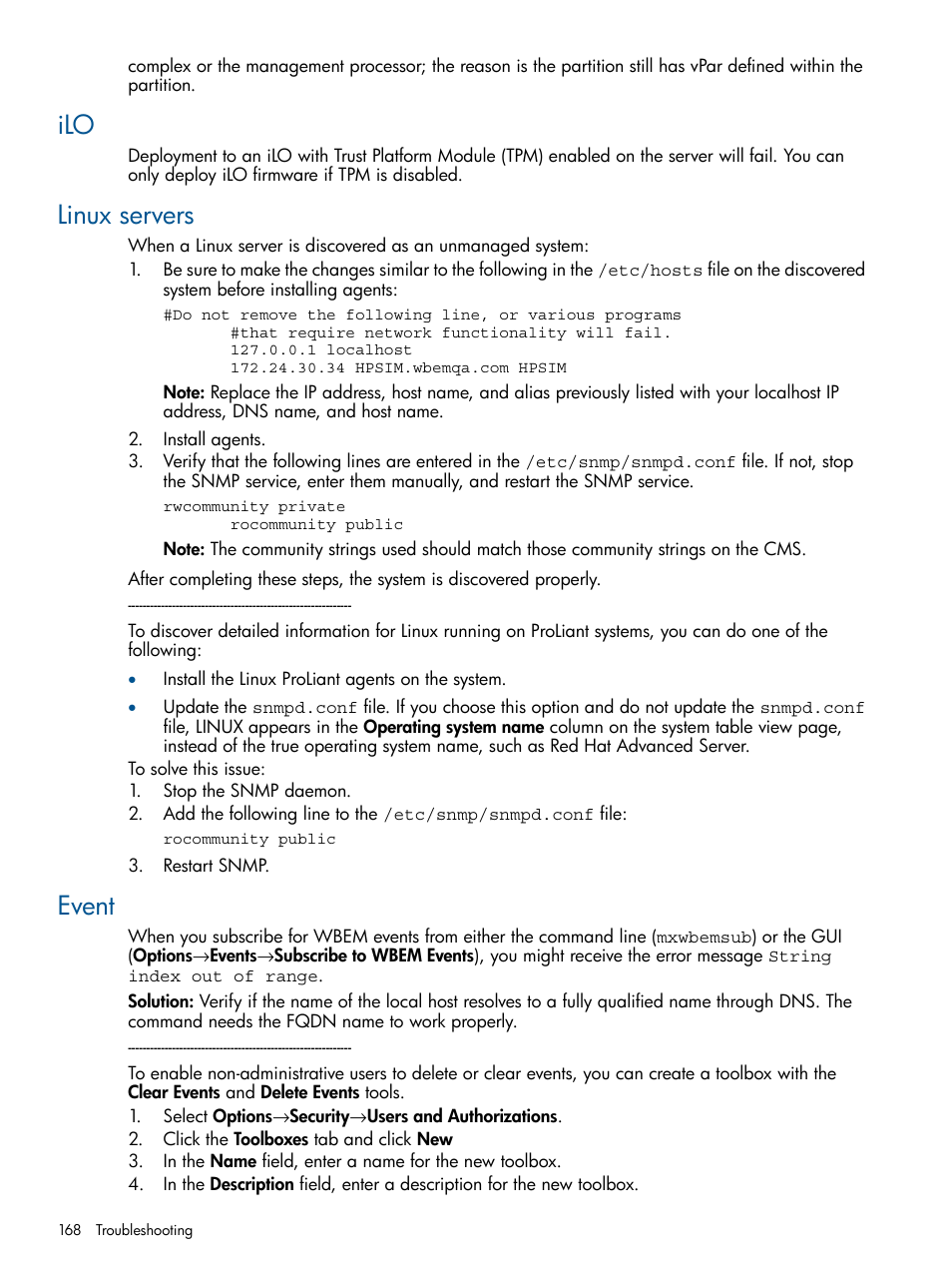 Linux servers, Event, Ilo linux servers event | HP Systems Insight Manager User Manual | Page 168 / 234