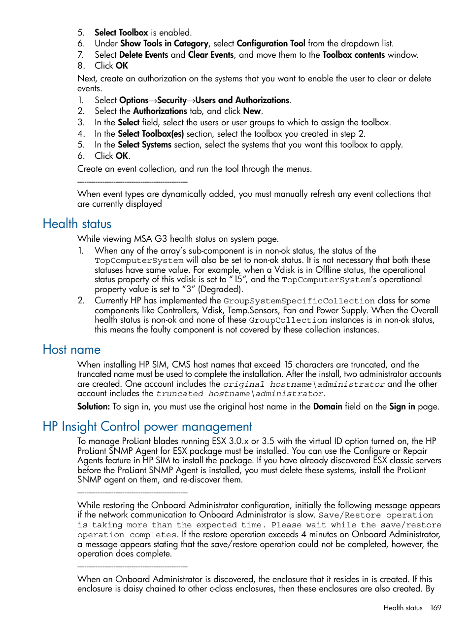 Health status, Host name, Hp insight control power management | HP Systems Insight Manager User Manual | Page 169 / 234