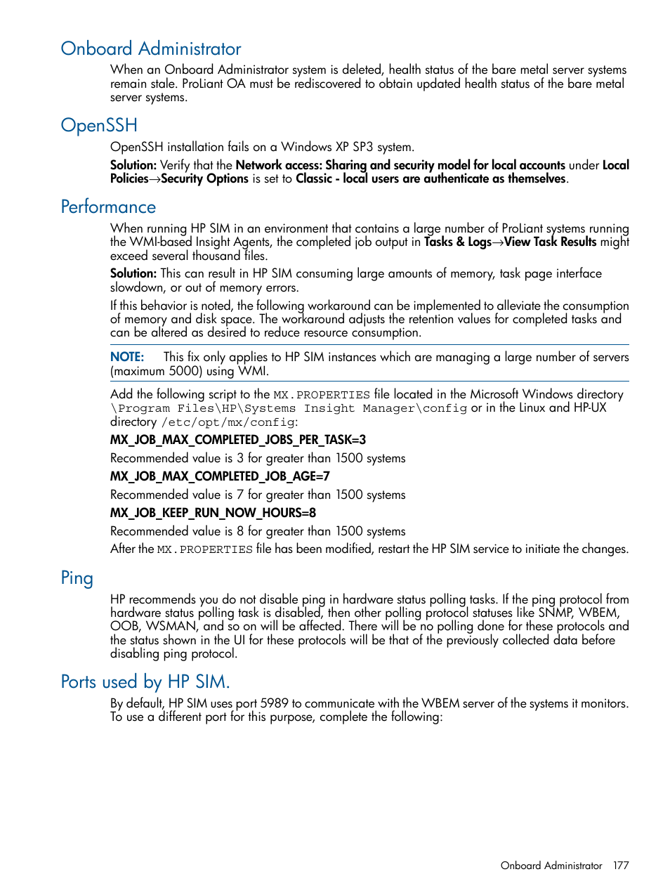 Onboard administrator, Openssh, Performance | Ping, Ports used by hp sim, Onboard administrator openssh performance ping | HP Systems Insight Manager User Manual | Page 177 / 234