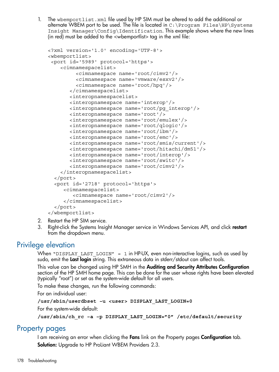 Privilege elevation, Property pages | HP Systems Insight Manager User Manual | Page 178 / 234