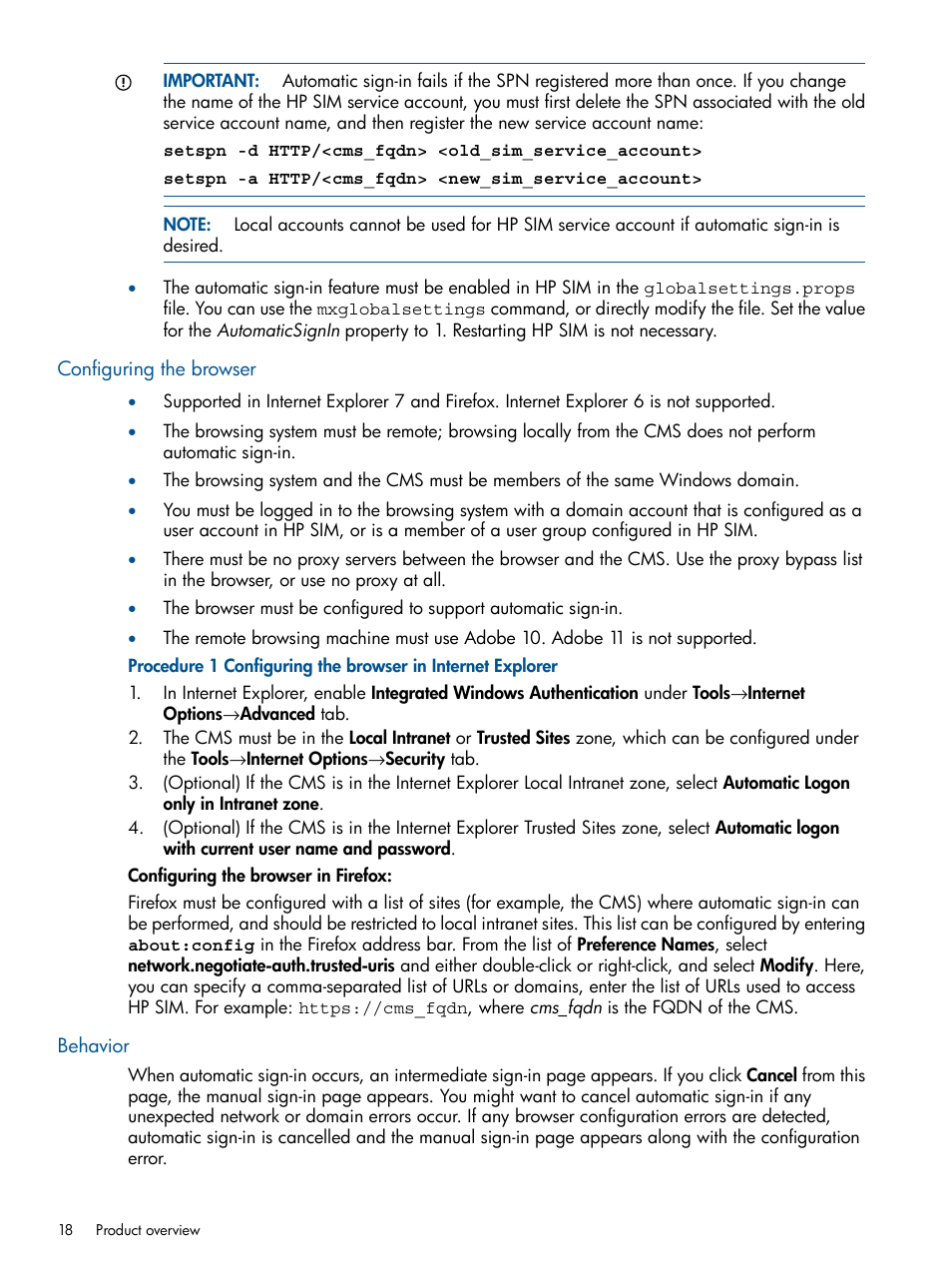 Configuring the browser, Behavior, Configuring the browser behavior | HP Systems Insight Manager User Manual | Page 18 / 234