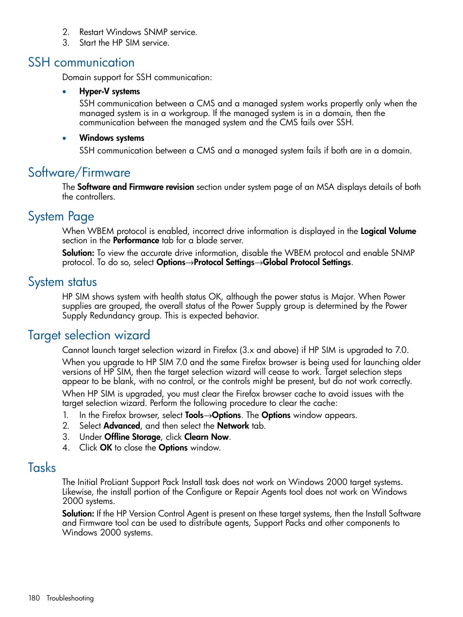 Ssh communication, Software/firmware, System status | Target selection wizard, Tasks, System page | HP Systems Insight Manager User Manual | Page 180 / 234