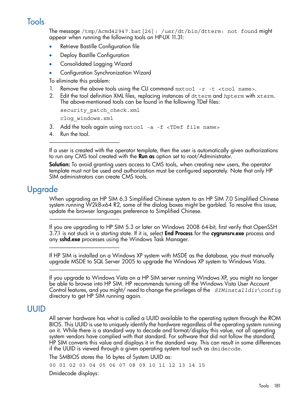Tools, Upgrade, Uuid | Tools upgrade uuid | HP Systems Insight Manager User Manual | Page 181 / 234