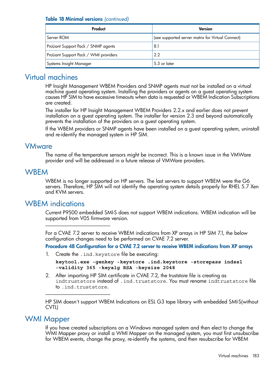 Virtual machines, Vmware, Wbem | Wbem indications, Wmi mapper | HP Systems Insight Manager User Manual | Page 183 / 234