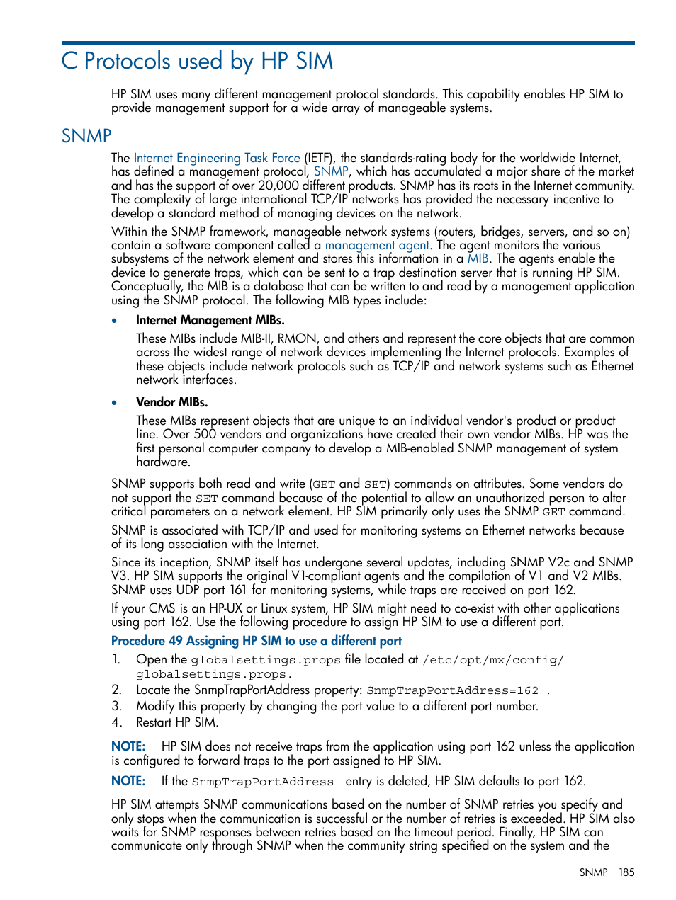 C protocols used by hp sim, Snmp | HP Systems Insight Manager User Manual | Page 185 / 234