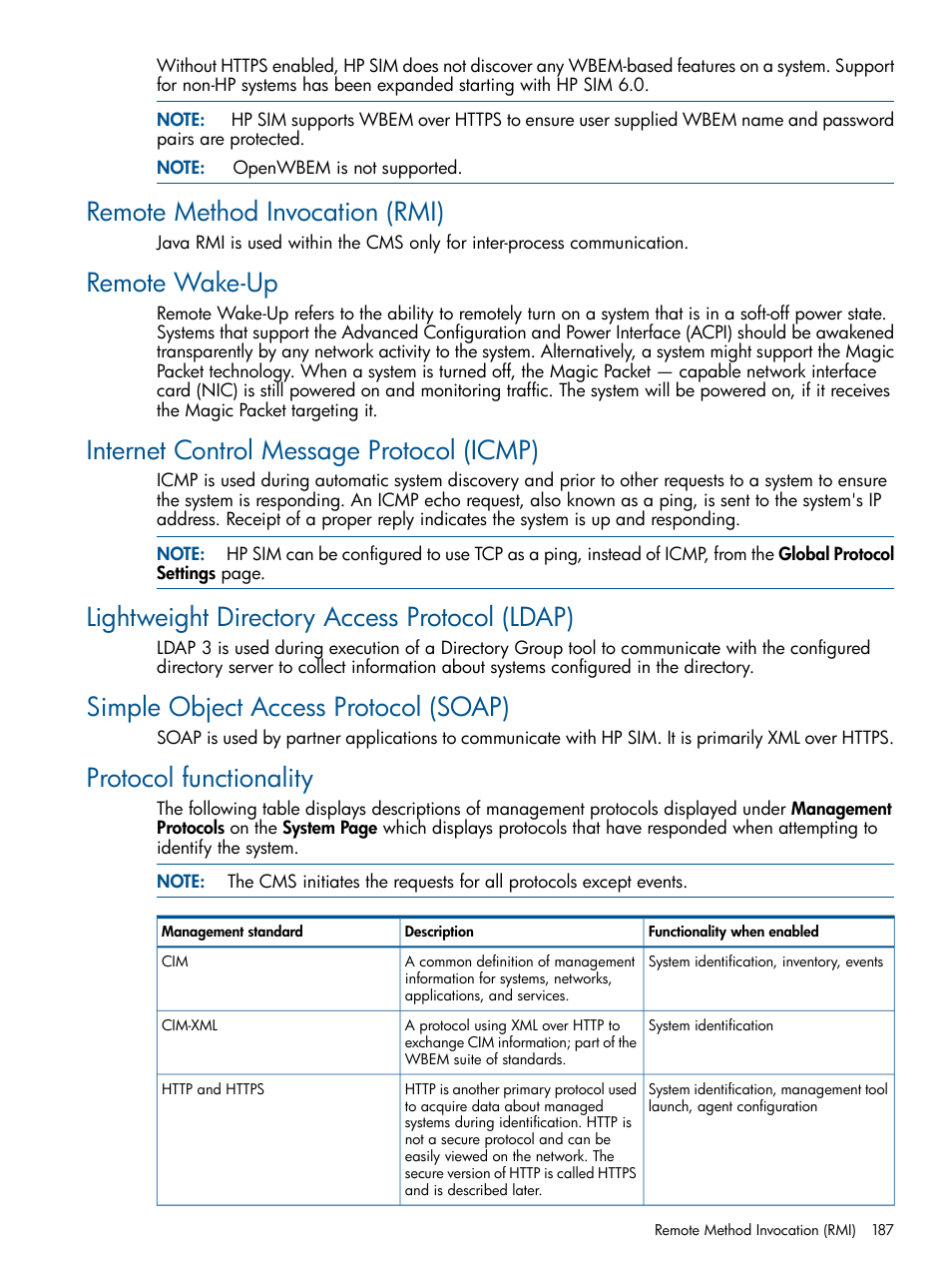 Remote method invocation (rmi), Remote wake-up, Internet control message protocol (icmp) | Lightweight directory access protocol (ldap), Simple object access protocol (soap), Protocol functionality | HP Systems Insight Manager User Manual | Page 187 / 234