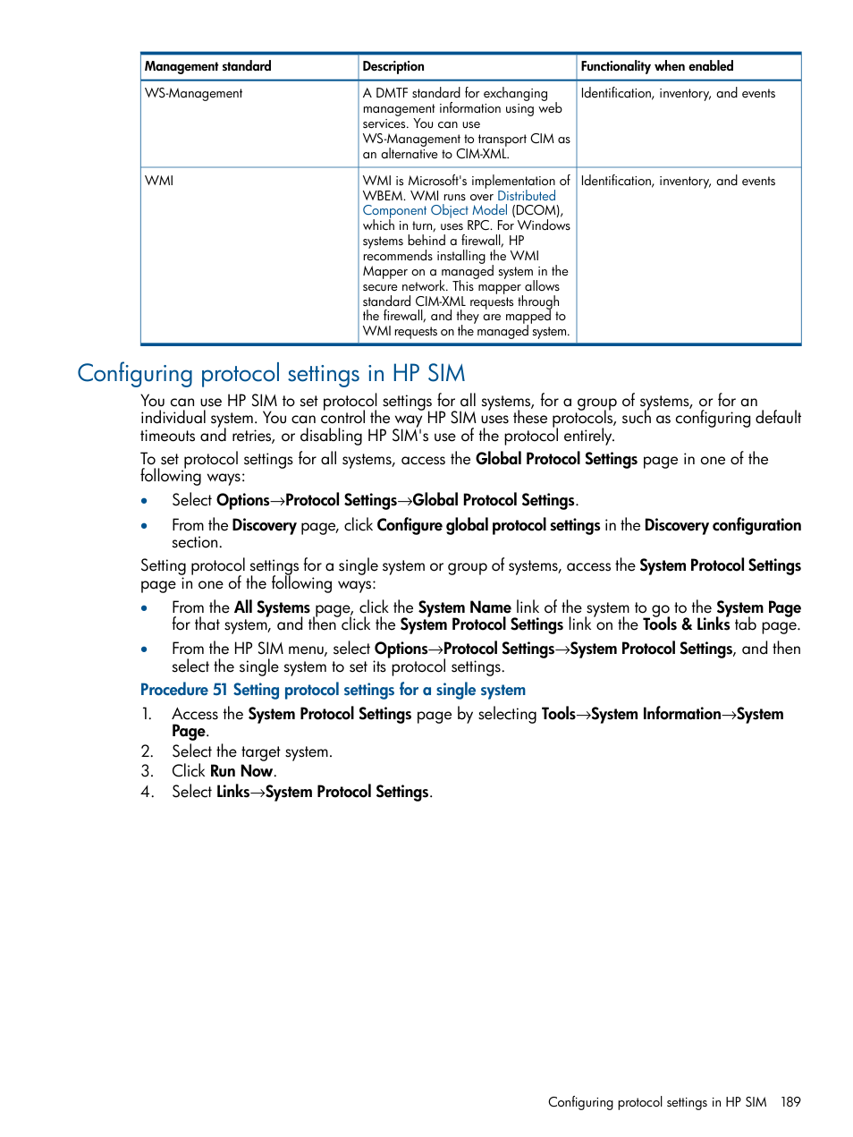 Configuring protocol settings in hp sim | HP Systems Insight Manager User Manual | Page 189 / 234