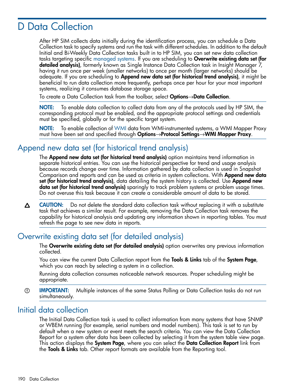 D data collection, Initial data collection | HP Systems Insight Manager User Manual | Page 190 / 234