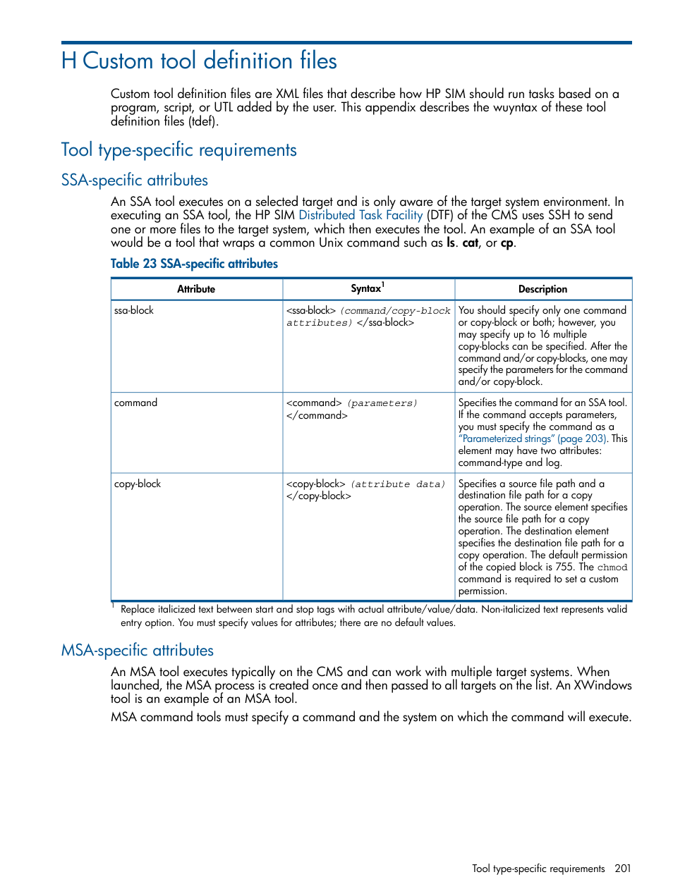 H custom tool definition files, Tool type-specific requirements, Ssa-specific attributes | Msa-specific attributes, Ssa-specific attributes msa-specific attributes, Custom tool | HP Systems Insight Manager User Manual | Page 201 / 234