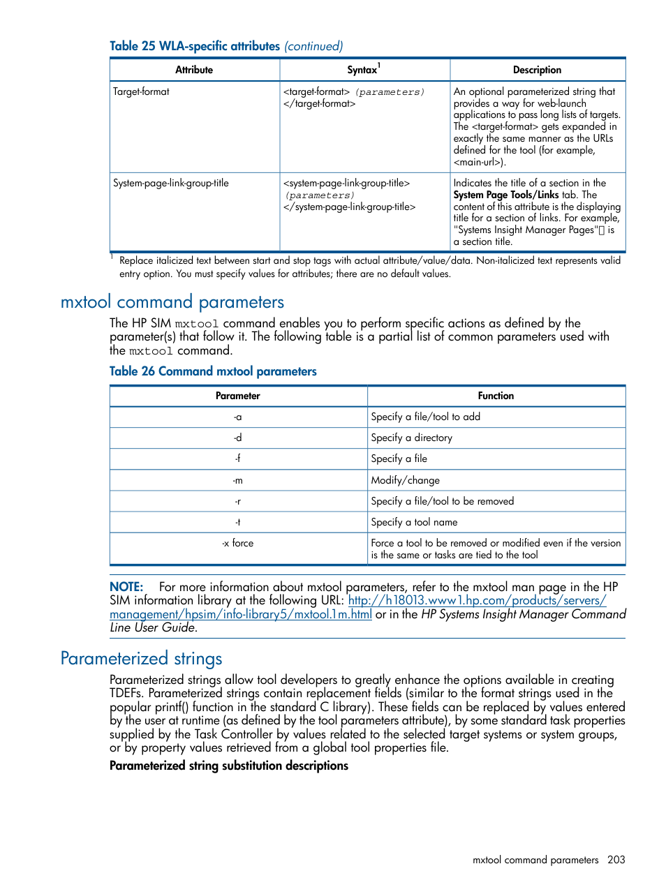 Mxtool command parameters, Parameterized strings, Mxtool command parameters parameterized strings | Parameterized | HP Systems Insight Manager User Manual | Page 203 / 234