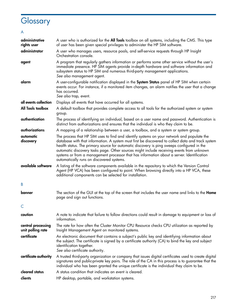 Glossary, Authorizations, Administrative rights | Available software | HP Systems Insight Manager User Manual | Page 217 / 234