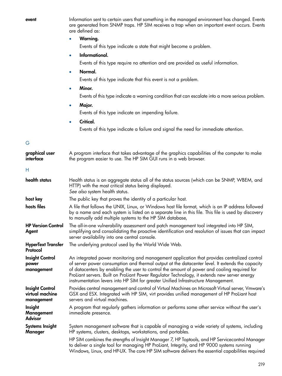 Graphical user interface, Event, Health status | Insight management advisor, Events | HP Systems Insight Manager User Manual | Page 219 / 234