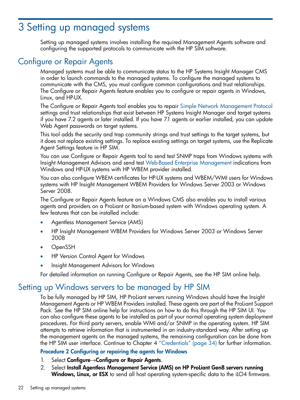 3 setting up managed systems, Configure or repair agents, Setting up windows servers to be managed by hp sim | HP Systems Insight Manager User Manual | Page 22 / 234